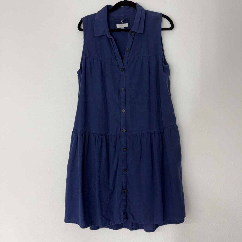 Cupio Womens Dress Medium Blue Tiered Button Front Sleeveless Cottage Boho Chic